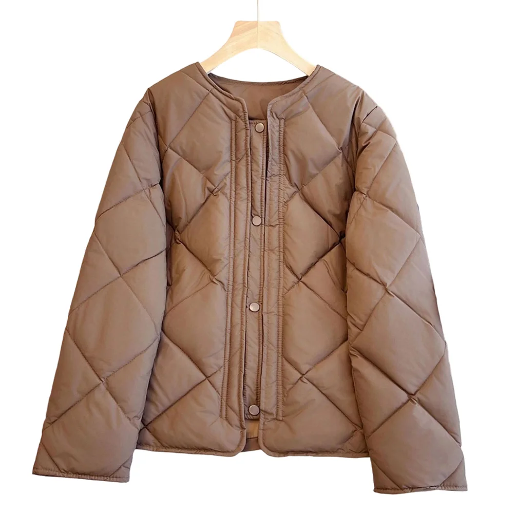 Winter Lightweight Cotton Padded Parkas Cardigan for Women Featuring Collarless Neckline and Placket Front Closure Casual Jacket