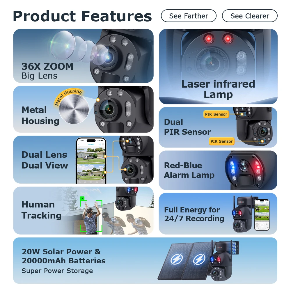 SECTEC 6MP PIR Human PTZ 36X Zoom كاميرا بعدسة مزدوجة PTZ Network 4G بطاقة Sim 20W 20000 MAh كاميرا البطارية الشمسية #1
