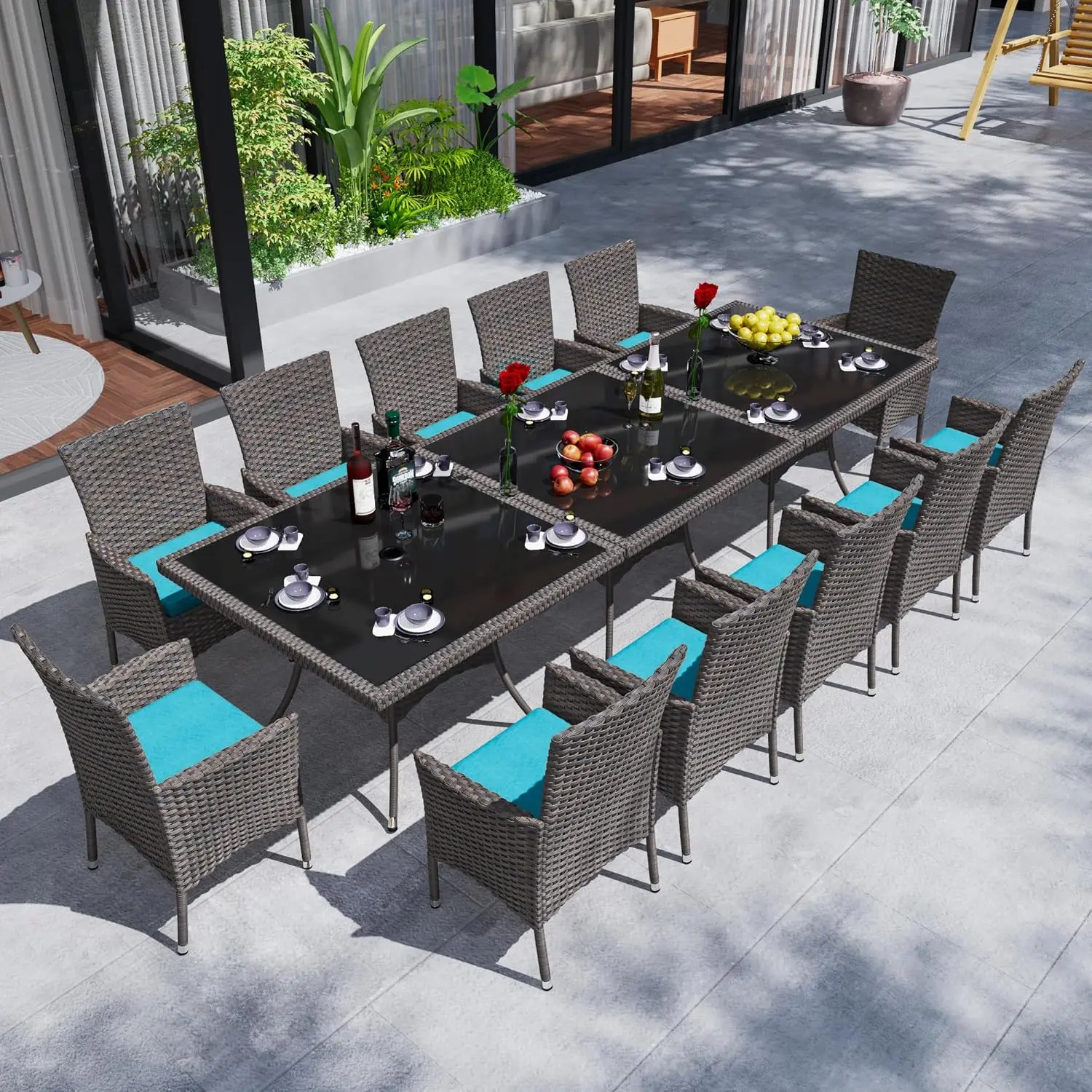 

15 Pieces Dining Sets for 12 with Rattan Wicker Dining Set Chairs and Square Table Glass Top with Umbrella Cutout, Outdoor and I