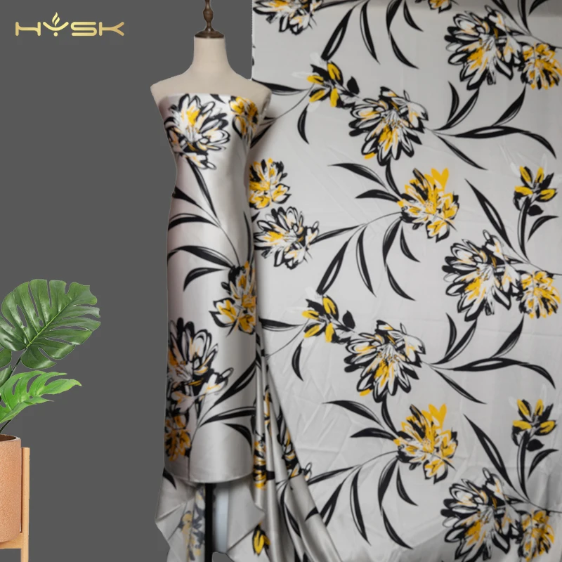 HYSK 100 Silk satin Fabrics natural High-quality Flower Printing Factory Summer Shirt Dress Cloth Sewing Scarf by the Meter E329