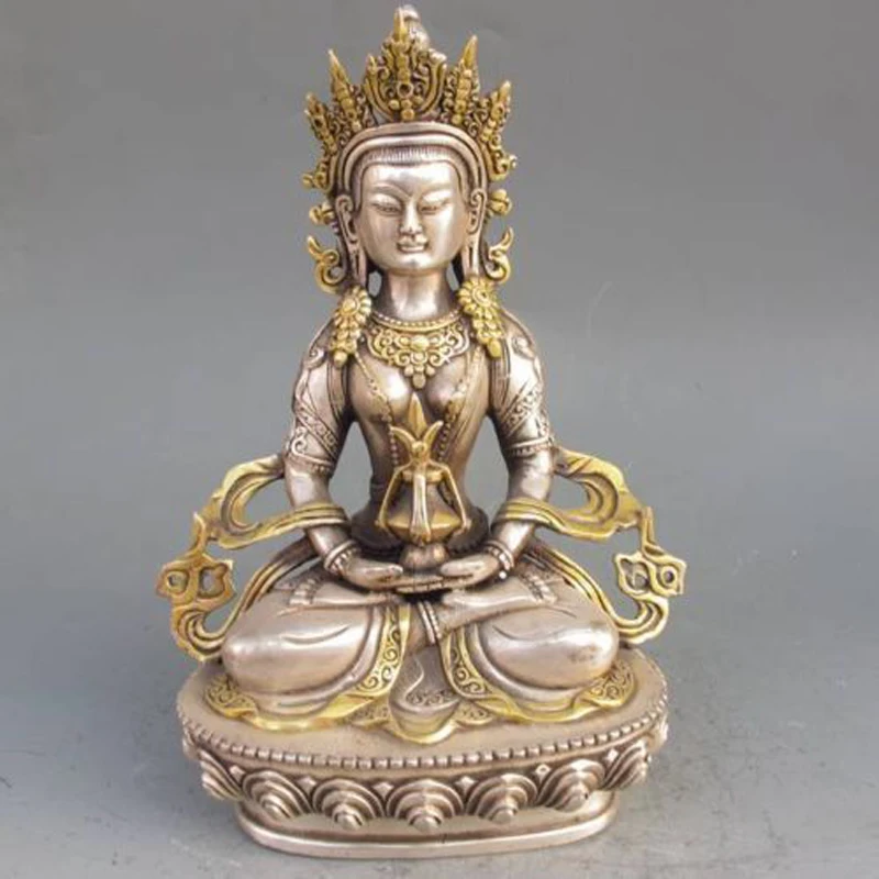 

Elaborate Chinese Vintage Tibetan Silver Gilt Tibetan Buddhism Statue - Amitayus Buddha