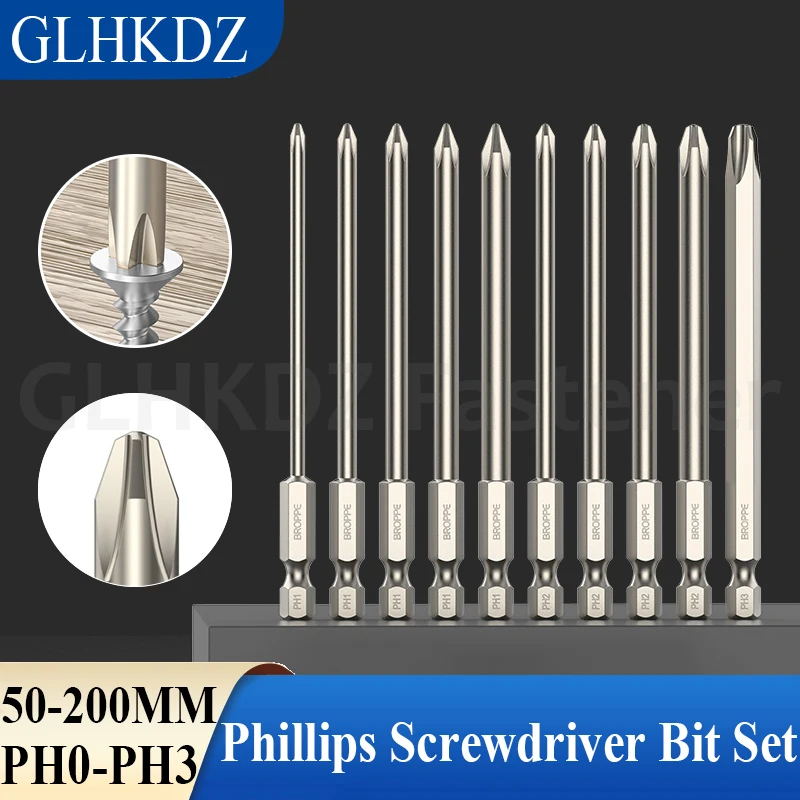 

50/75/100/150/200mm Phillips Screwdriver Bit Set Cross Head Electric Screwdriver Bit 1/4" Hex Shank Magnetic Driver Bits PH0-PH3