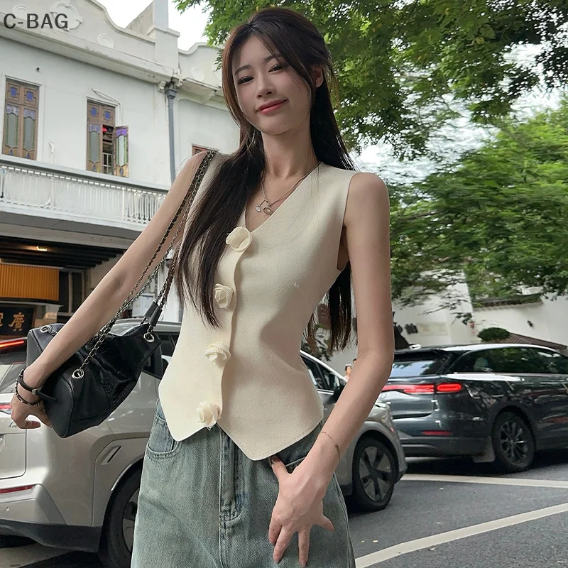 French Retro Three-dimensional Flower V-neck Single Breasted Sleeveless Slim Knitted Vest For Women