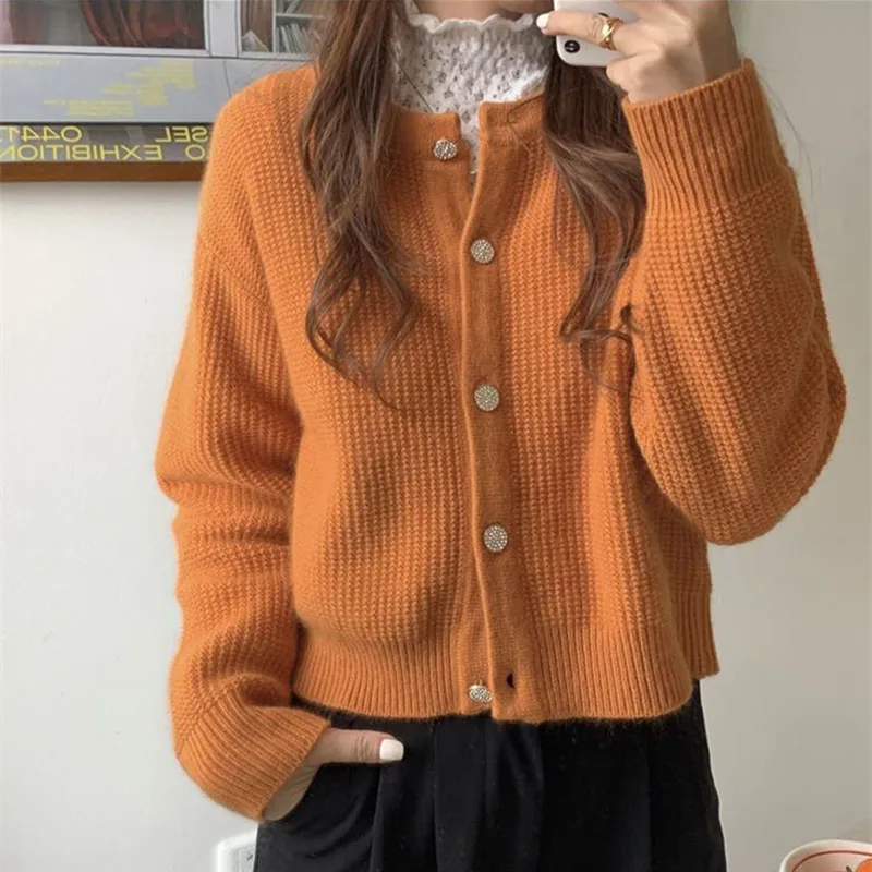 Zoki Korean Sweet Cardigan Women Long Sleeve Fashion Elegant Knitted Tops Casual O Neck Single Breasted Female Casual Cardigan