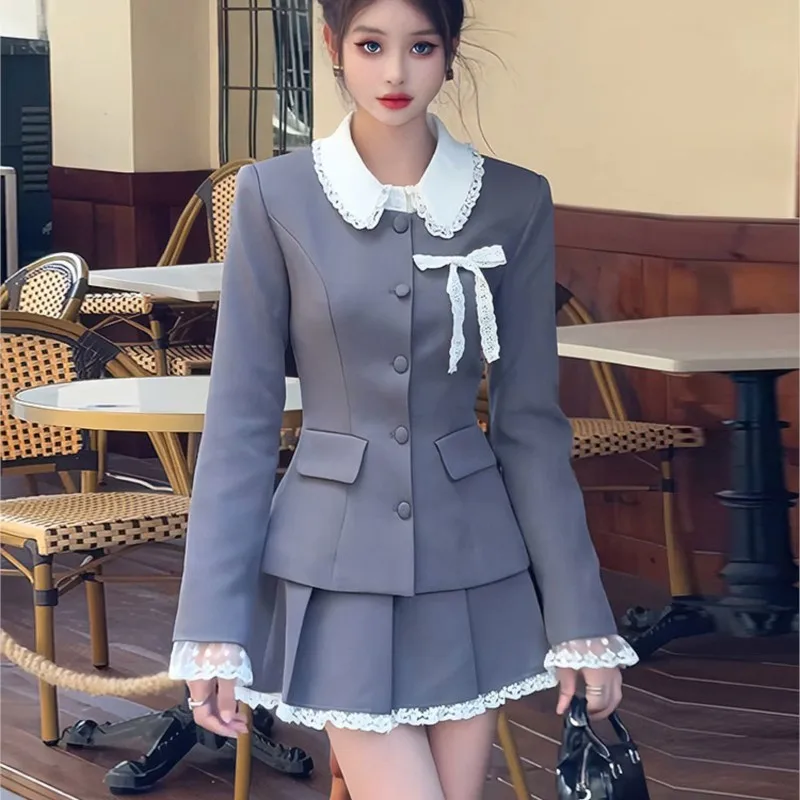 Elegant Two-piece Skirt Set Women Long Sleeve Single Breasted Blazer Coat Lace Pleated Mini Skirt Autumn Korean Fashion Outfits