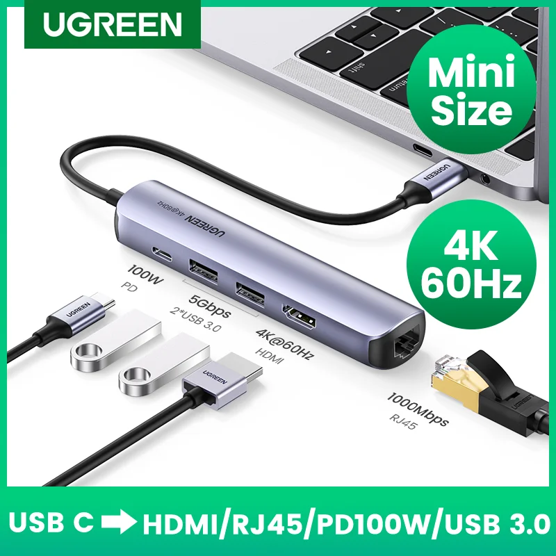 USB-концентратор UGREEN, мини-концентратор USB Type C 3,1 на 4K HDMI RJ45 USB 3,0, док-станция USB C для MacBook Pro MacBook Air 2020, ПК