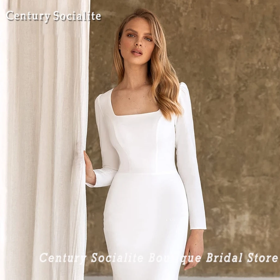 Vestidos de casamento civil sereia manga longa gola quadrada trem varredura elegante vestido de noiva feminino robe de mariée 2025 personalizado