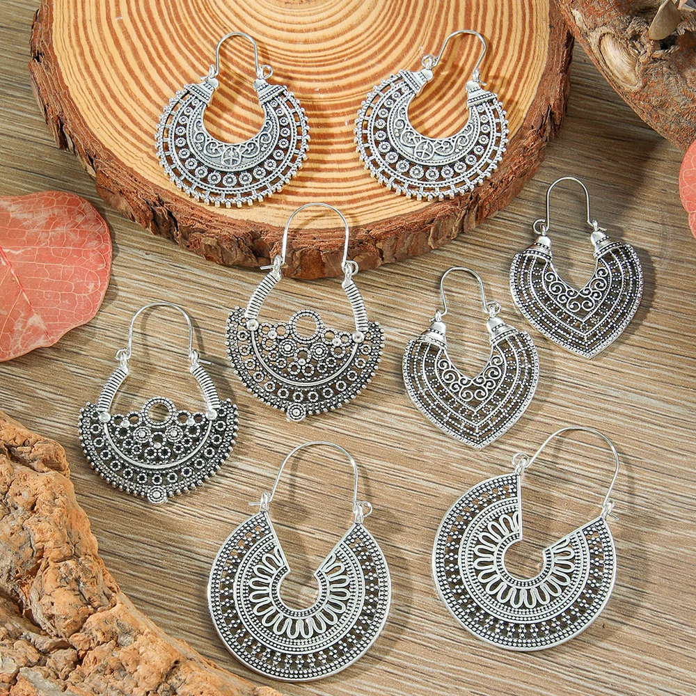 العرقية نمط بوهو طقم من الحلقان العتيقة الفضة على شكل حرف U القرط مشبك هندسية بيان الطرف الديكورات ارتداء اليومي عطلة الهدايا