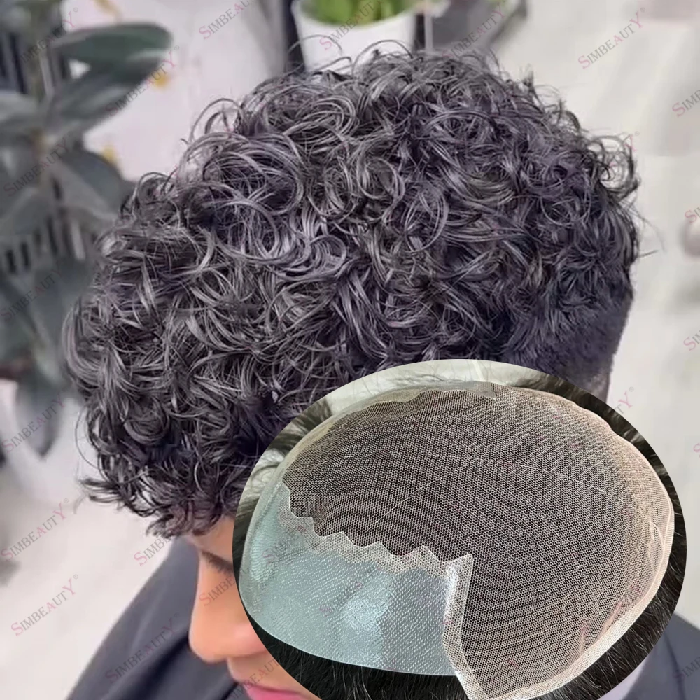 Cheap New Q6 Lace&PU 15mm Curly Human Hair Wigs for Bald Man Breathable Lace Front 18mm Curl Natural Hairline Hairpieces Prosthe