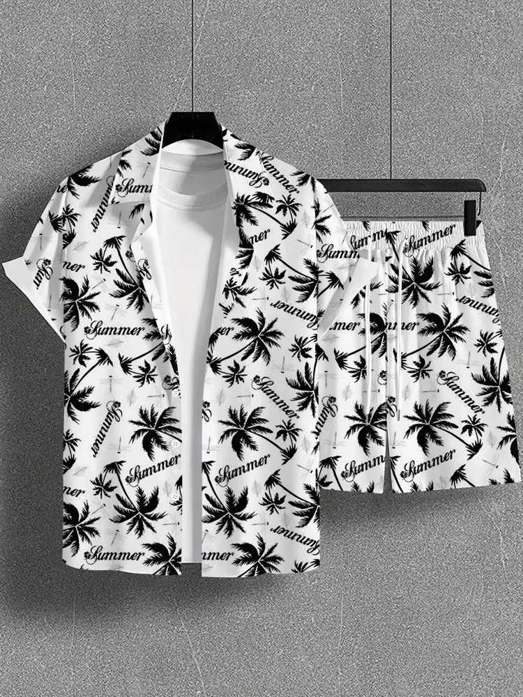 2024 Summer Men\'s Large Size Tropical Hawaiian Coconut Tree Print Short Sleeve Shirt and Beach Shorts Men\'s Beach Vacation Set