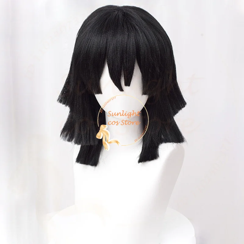 Perruque Cosplay de l'Anime Obanai, Cheveux Synthétiques Noirs, avec Bonnet, 40cm