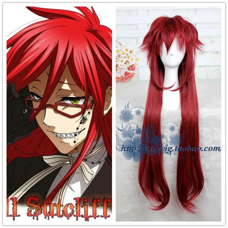 

New Fashion Styled Black Butler Kuroshitsuji Cosplay Grell Sutcliff Red 90cm Long Cosplay Wig + Wig Cap Halloween