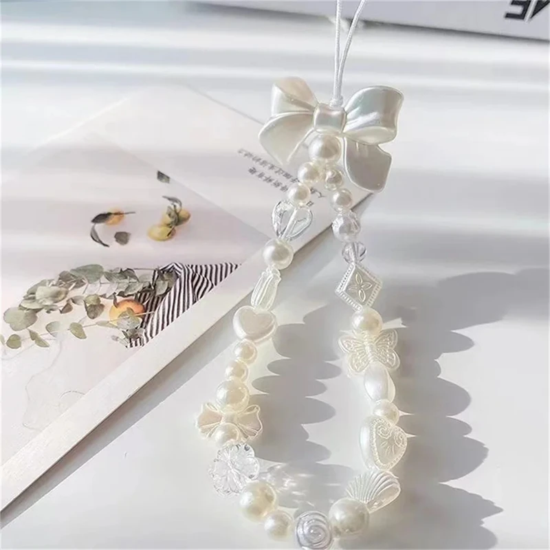 Korea Cute Charm Love Heart Bowknot Phone Chains For Women Girl Telephone Jewelry Strap Beaded Lanyard Hanging Cord Accessories