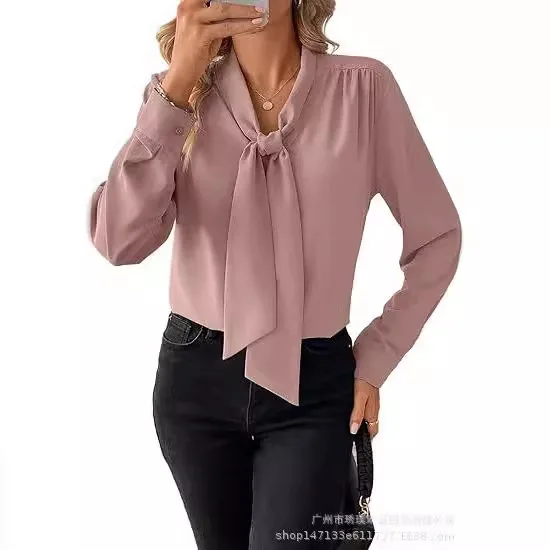 

Women Bow Tie Collar Blouse Solid Color Casual Elegant Blouse Loose Fit Long Sleeve Blouse Chic Fashion Office Summer Top