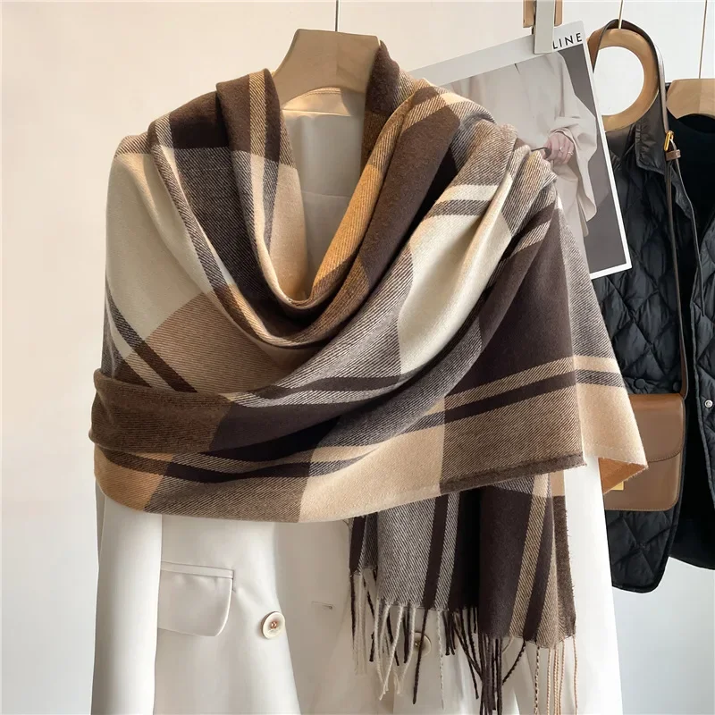 

2024 New Fashion Plaid Autumn Winter Warm Cashmere Scarf Long Tassels Women Wrap Shawl Lady muffler Wool Pashmina