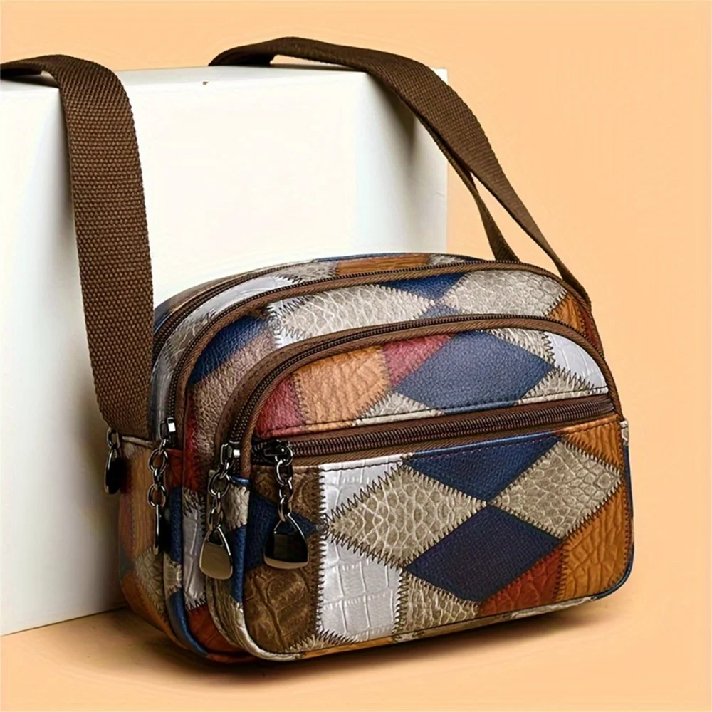 

Vintage Crossbody Bag Fashionable And Trendy Patchwork Zipper Sling Bag With Font Pocket Ladies Messenger Bag