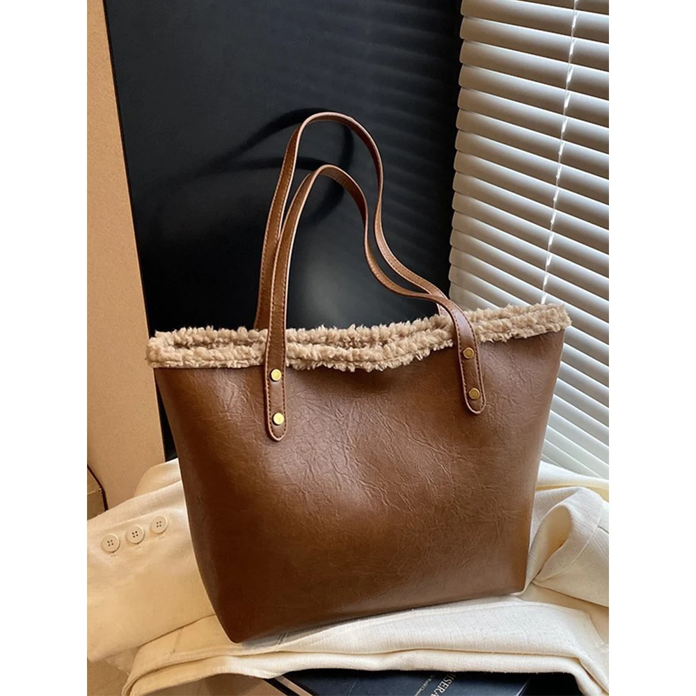 

Women's Big Handle Tote Bag Solid Pu Leather Patch Lamb Fleece Shoulder Bags Large Capacity Female Casual Commute Underarm Packs