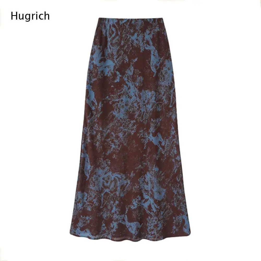 High Waist Retro Forest Animal Print Mermaid Maxi Skirt Brown Base Blue Tone Soft Satin Elegant Women Casual Long Skirt