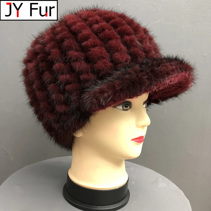 

2024 Winter Knitted Mink fur hat Female Natural Fur Thick Warm Baseball Cap Women Knit Ladies Casual Elegant Hats Black