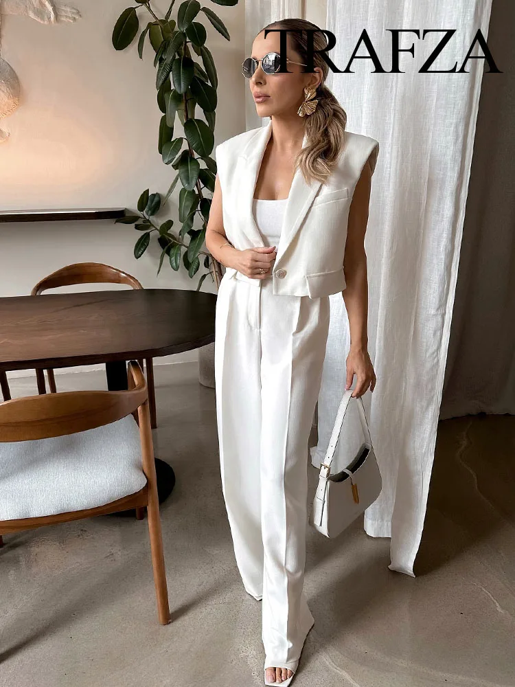 

TRAFZA 2024 Summer Trousers Suits For Women Clamshell Decoration Short Vest Top + Pockets Suit Style Female Wide Leg Long Pant