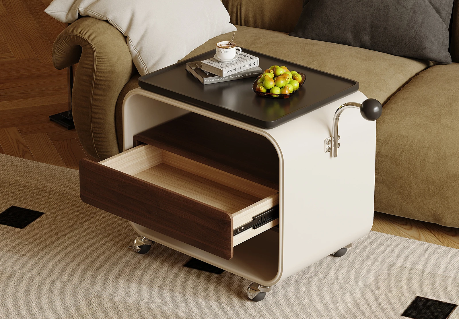 French retro living room multi-functional side coffee table movable with wheels light luxury high-end trolley