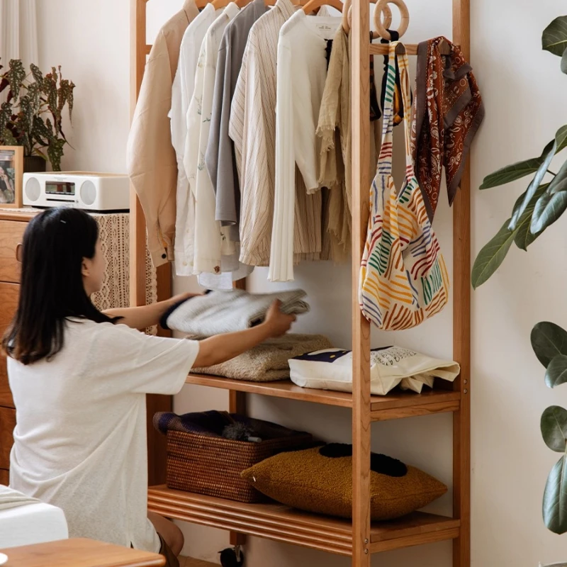 

Hanger Solid wood floor hanger with wheels Cherry wood home bedroom Bedside open coat