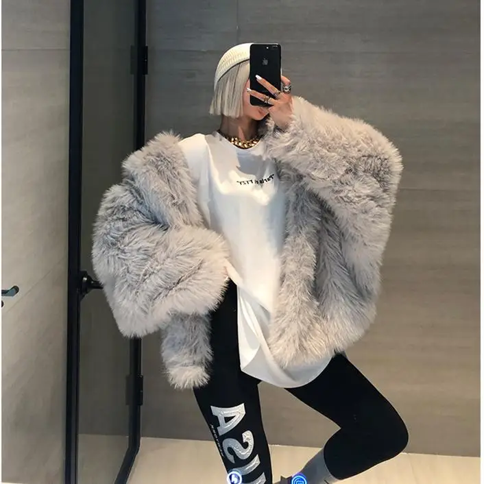 Winter Faux Fur Coat Japanese Fashion Women Loose Design Bat Sleeves Female Hooded Outerwear Sleeve Length 54cm Full length 60cm