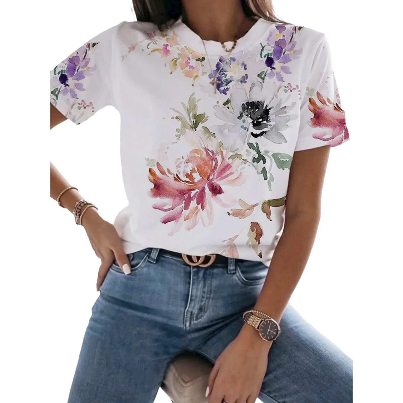 Women Clothing Elegant Casual Floral Print Women Pullover Sweatshirt O-Neck Summer Short Sleeves Women Blouses Casual Кофта