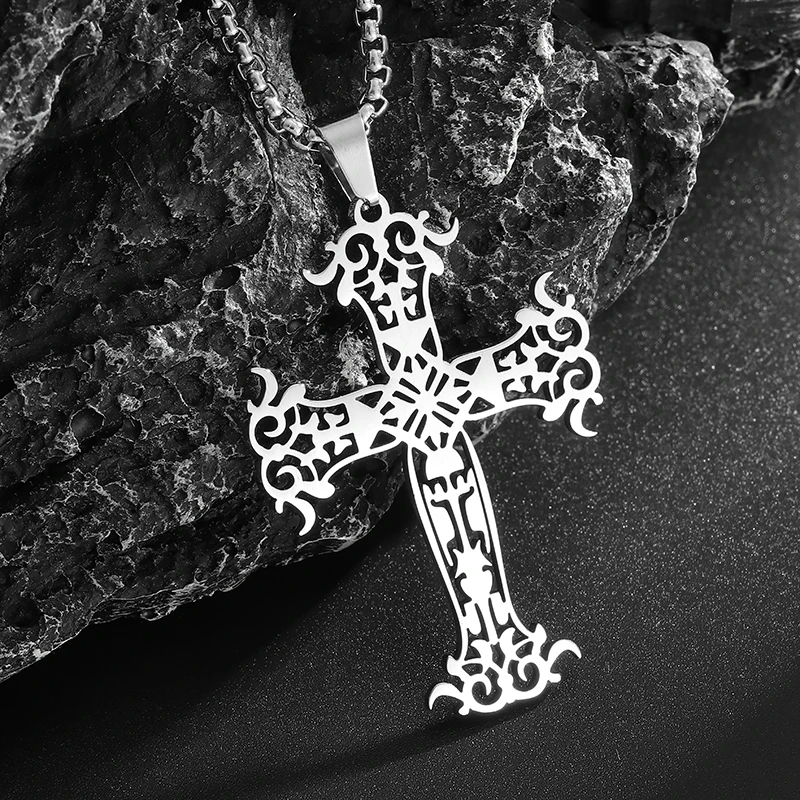 Stainless Steel Simple Hollow Baroque Pattern Cross Lace Pendant Necklace Men's and Women's Personalized Jewelry