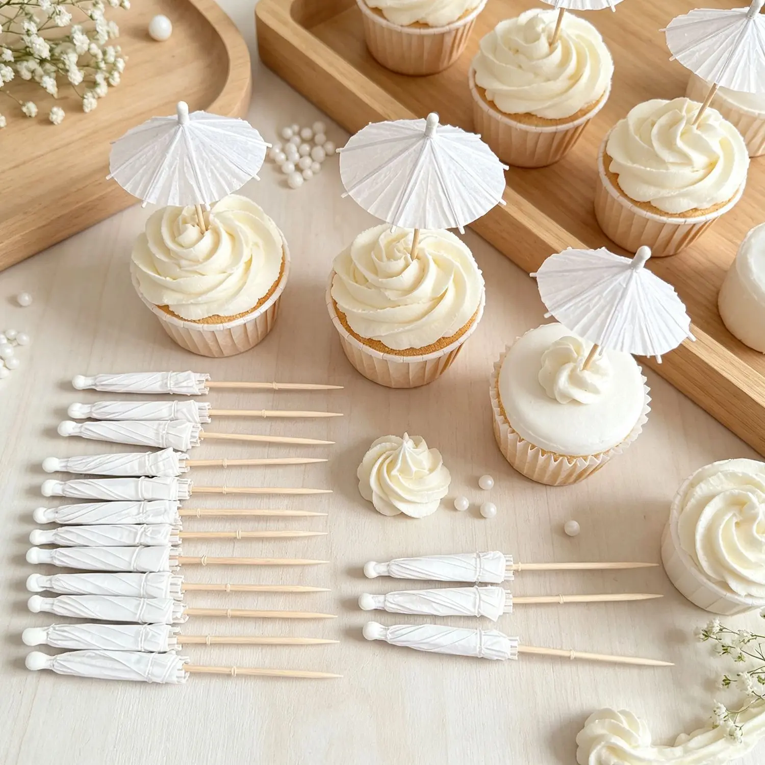 50Pcs White Umbrella Graffiti Cocktail Drink Picks Food Fruit Bamboo Toothpick Dessert Cake Stick for Wedding Theme Party Decor - view 2