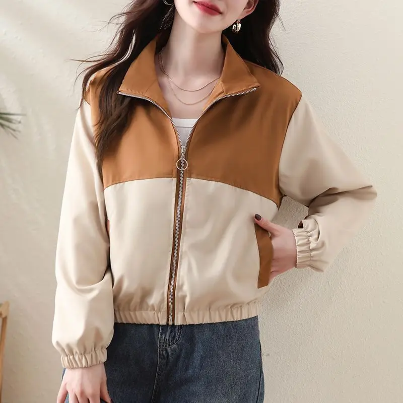 

Spring Autumn New Arrival Patchwork Color Block Petite Relaxed Short Jacket