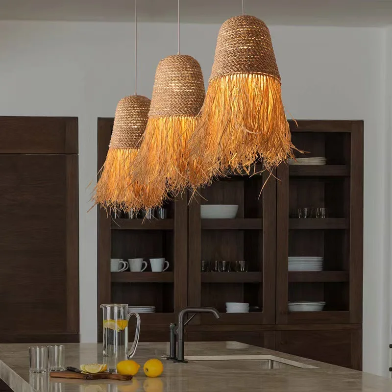 Southeast Asian Wabi Sabi Rattan Weaving Pendant Lamp Hand Knitting LED Lights for Restaurant Zen Lafite Grass Tassel Chandelier