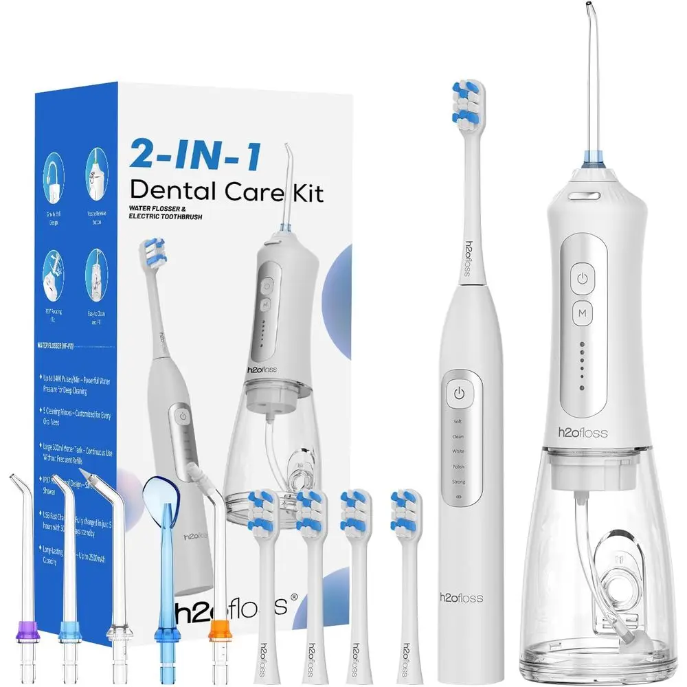 

Dual-Purpose Rechargeable Electric Toothbrush & Water Flosser, 2000mAh Brush, 2500mAh Flosser, 300ml Tank, 4 Brushes, 5 Nozzles,