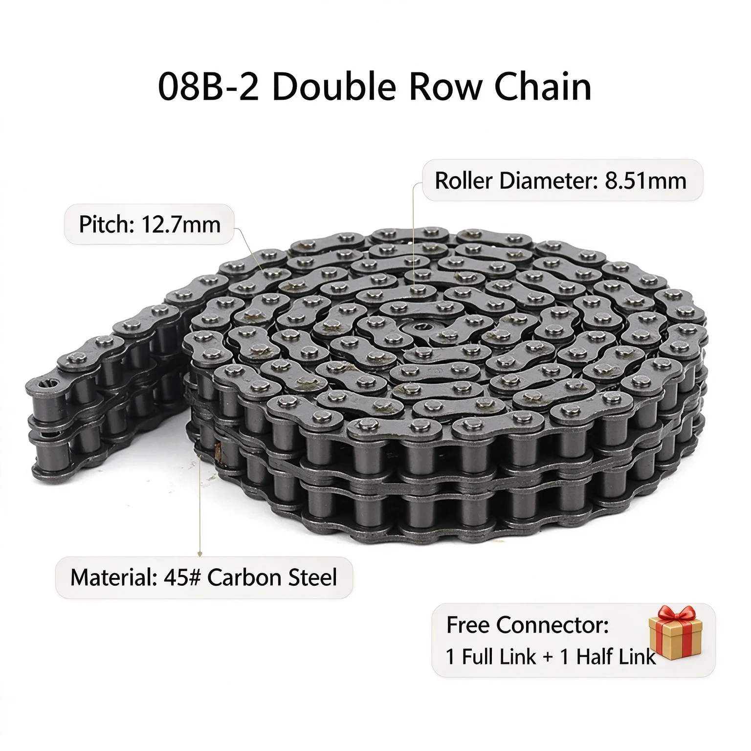 08B-2S Duplex Roller Chain 45# Carbon Steel Pitch 12.7mm Industrial Drive Chain Free 1 Full Link & 1 Half Link for Transmission