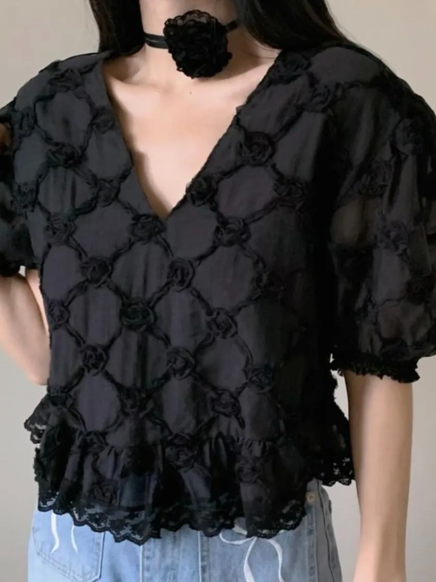 Dongdaemun Ins Recommended Heavy Industry 3d Flower Sweet Anti-aging Versatile Top Chiffon Blouse Commuting Sle V-ne Bubb...