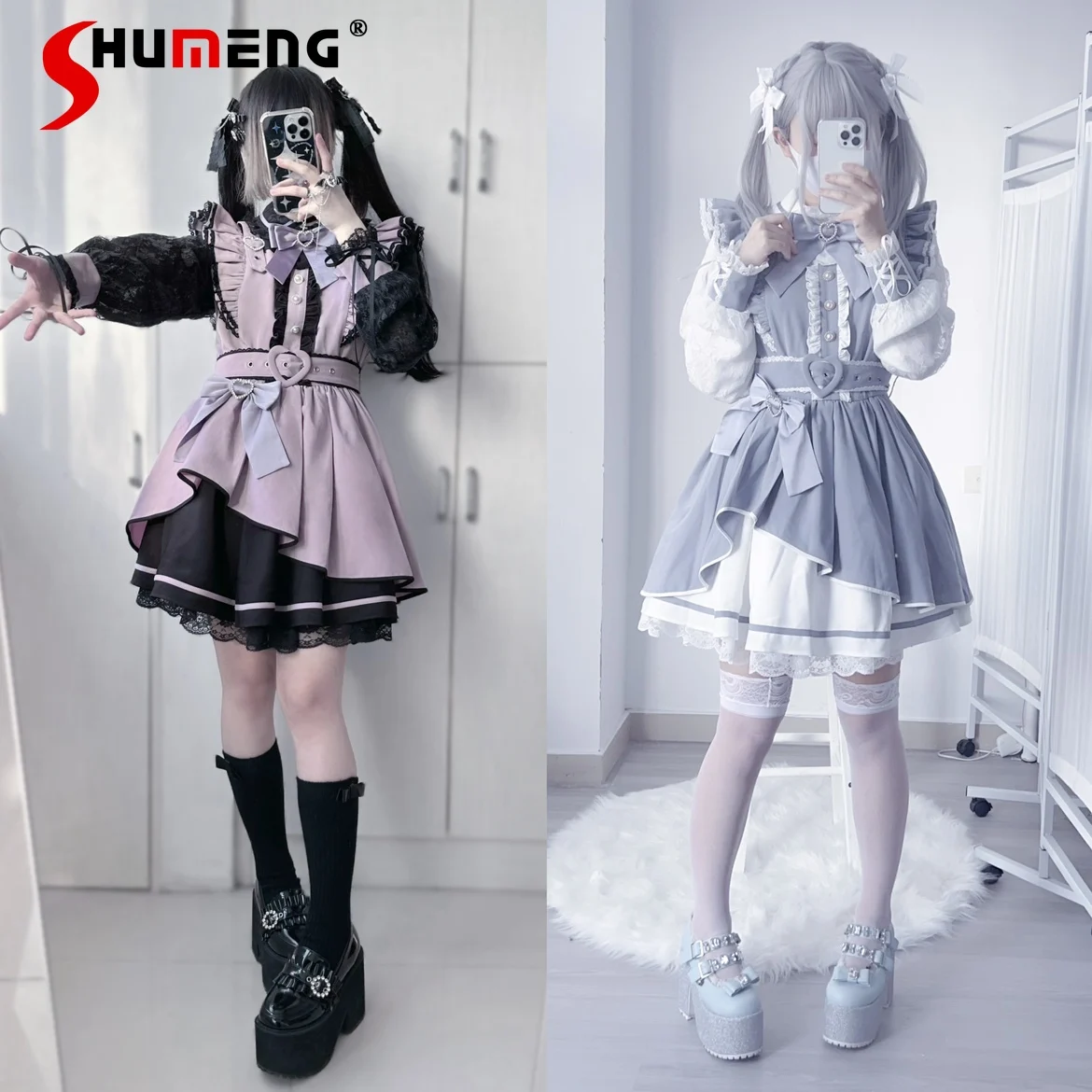 

Japanese Mine Mass-Produced Lolita Dress Lace Stitching Doll Collar Long Sleeve Bowknot Love Belt Slim Fit A-Line Dress Women