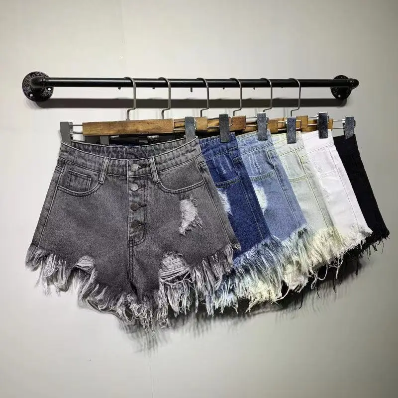 ハイウエストボタンダウンデニムショーツ女性用リップドストリートショーツカジュアルハイウエスト破れジーンズショートパンツ夏