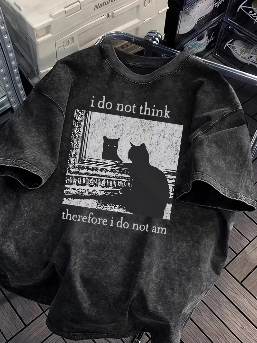 Unisex Washed T-shirt Casual Loose Fit Graphic T-Shirt _I Do Not for THINK Therefore I Do Not Am_ Cat  Print Summer Short Sleeve