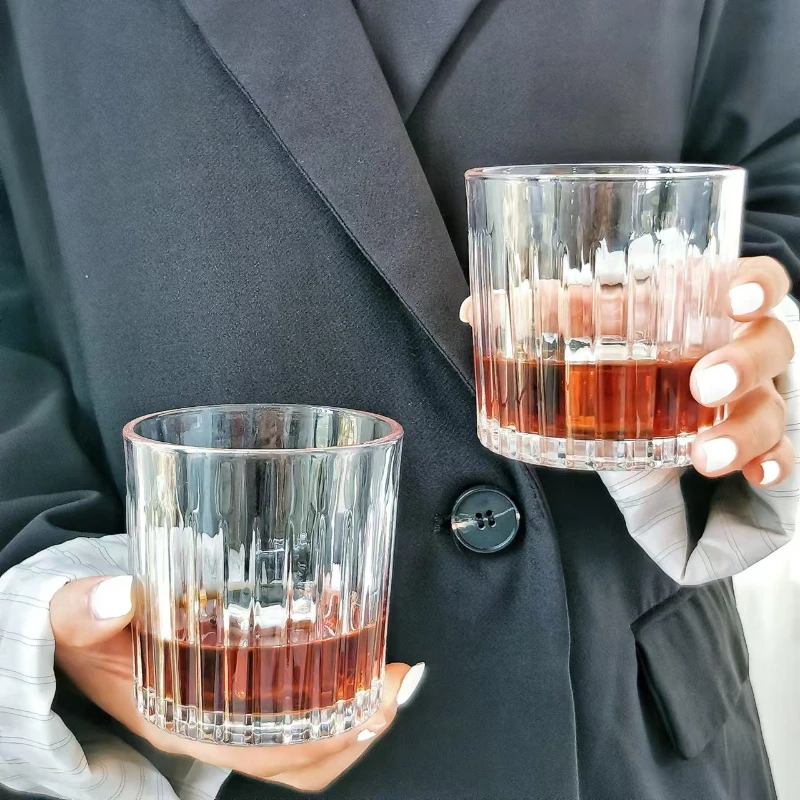 

290ml/335ml Whiskey Cocktail Glasses American Iced Coffee Cup Cafe Vintage Striped Glass Cup Transparent Juice Tea Latte Mugs