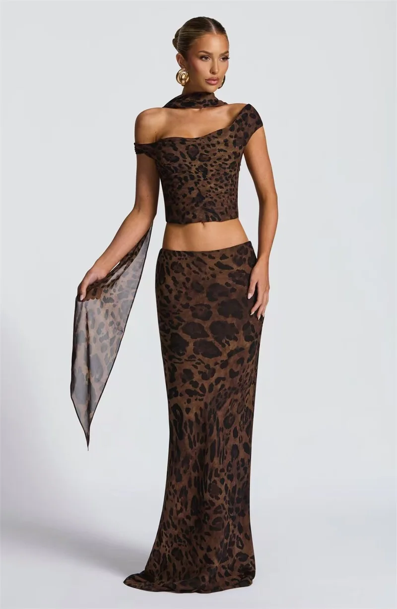 

Sexy Leopard Prom Dress 2 Pcs Top Bra+Long Party Gown Off Shoulder Sleeveless Lace Up Back Casual Beach Holiday Birthday Robe
