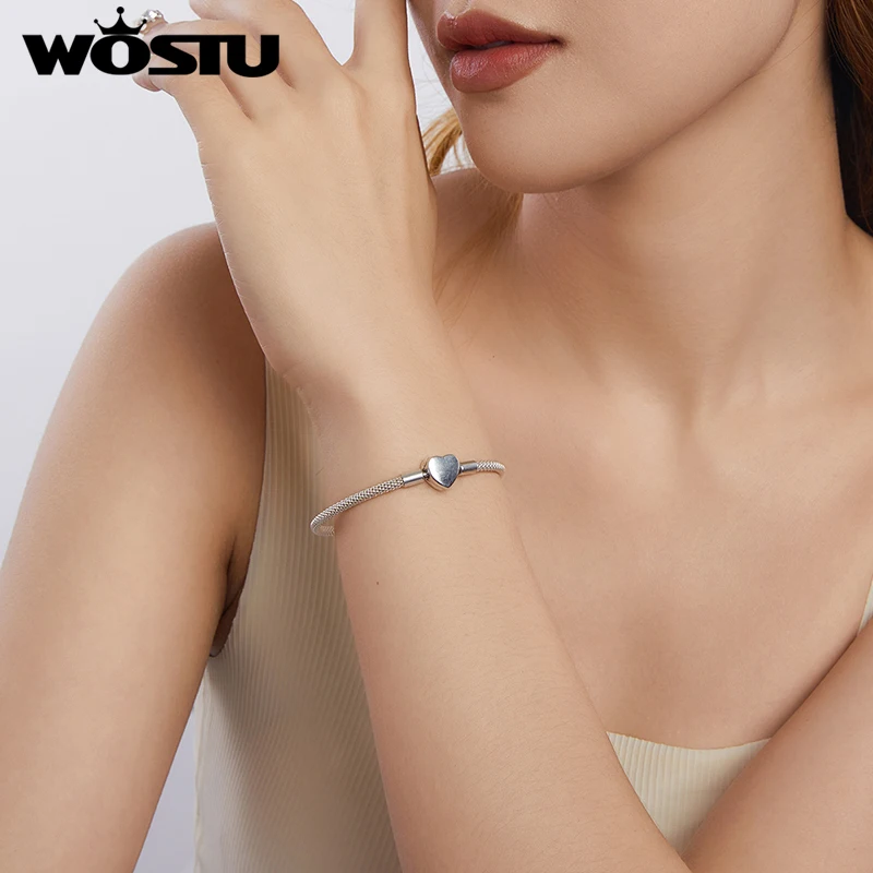 WOSTU 925 Sterling Silver Heart Basic Bracelet Oxidized Silver For Women Birthday Party Daily Gift Fine Jewlery