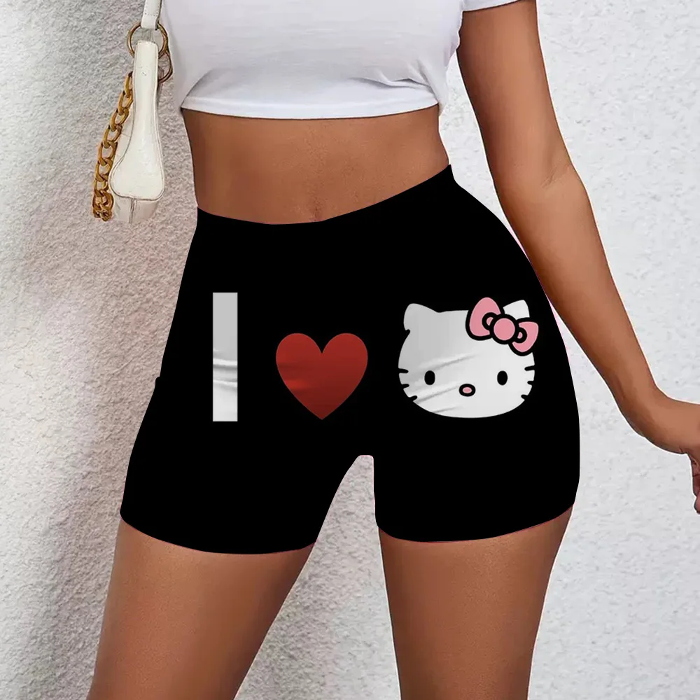 Kawaii Hello Kitty Damen-Shorts, hohe Taille, Yoga-Shorts, Laufen, Fitness-Hose, niedliche doppelseitige Drucke, Sport, Dreipunkt-Kt-Shorts