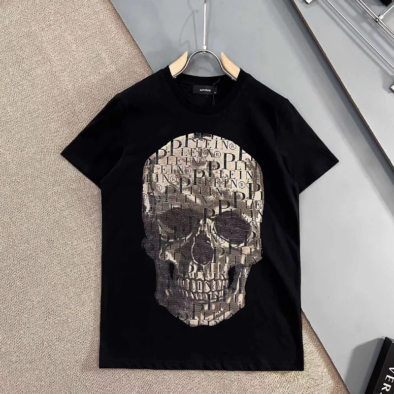 AlexPlein Skulls Rhinestones Diamond Men\'s Fashion Cloth 2022 Summer Slim Fit Streetwear Crew Neck Short Sleeve Tshirt Chic New