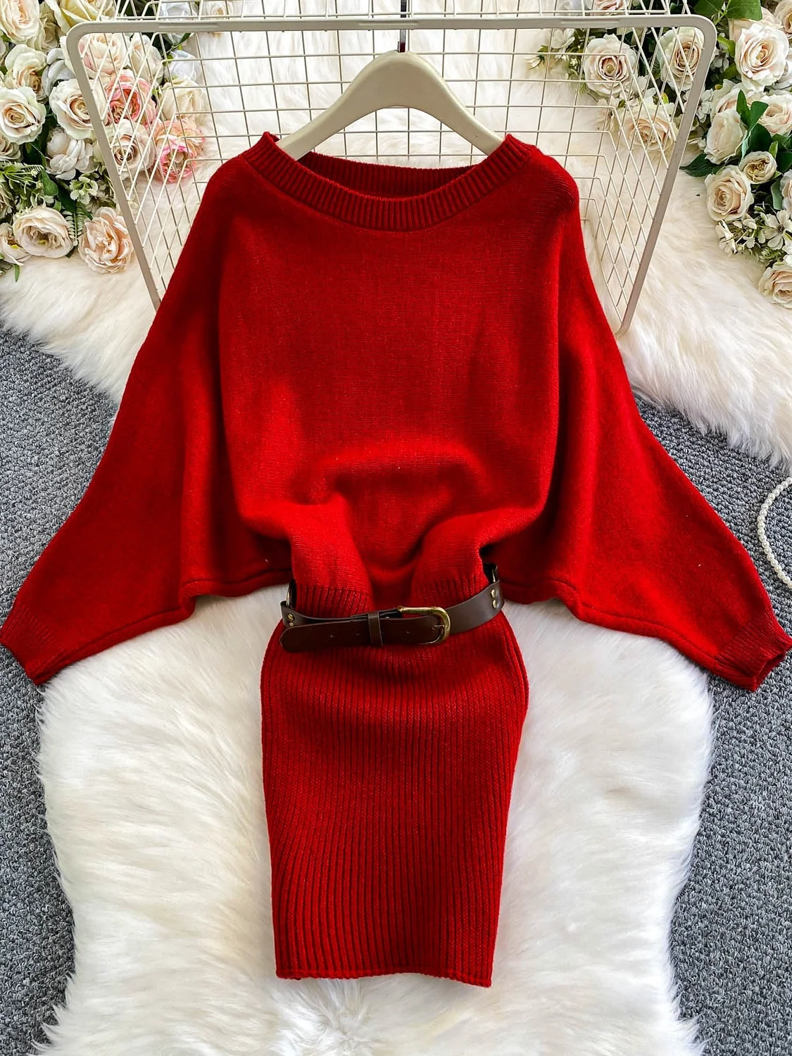 Korean Sle Batwing Sve Knitted Dr Women's High Waist Slim Fit Wrap Bodycon Sweater Dr Ci Commute X-ape Silhouette