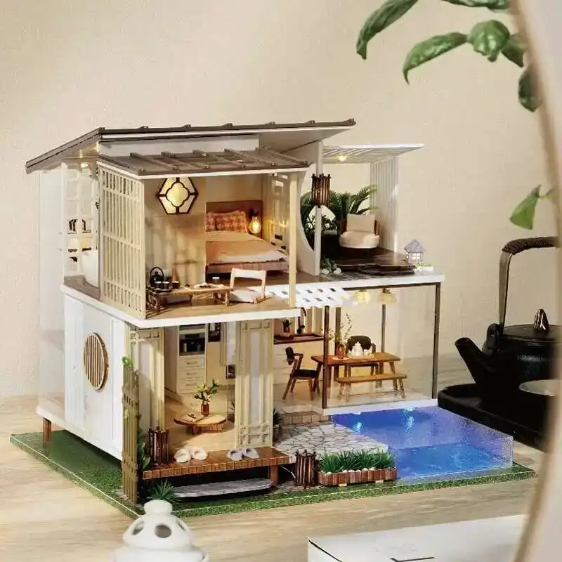 

DIY деревянные современные лофт Casa миниатюрные строительные наборы собранные кукольные домики со световой книжной полкой домашний декор друзья подарки на день рождения