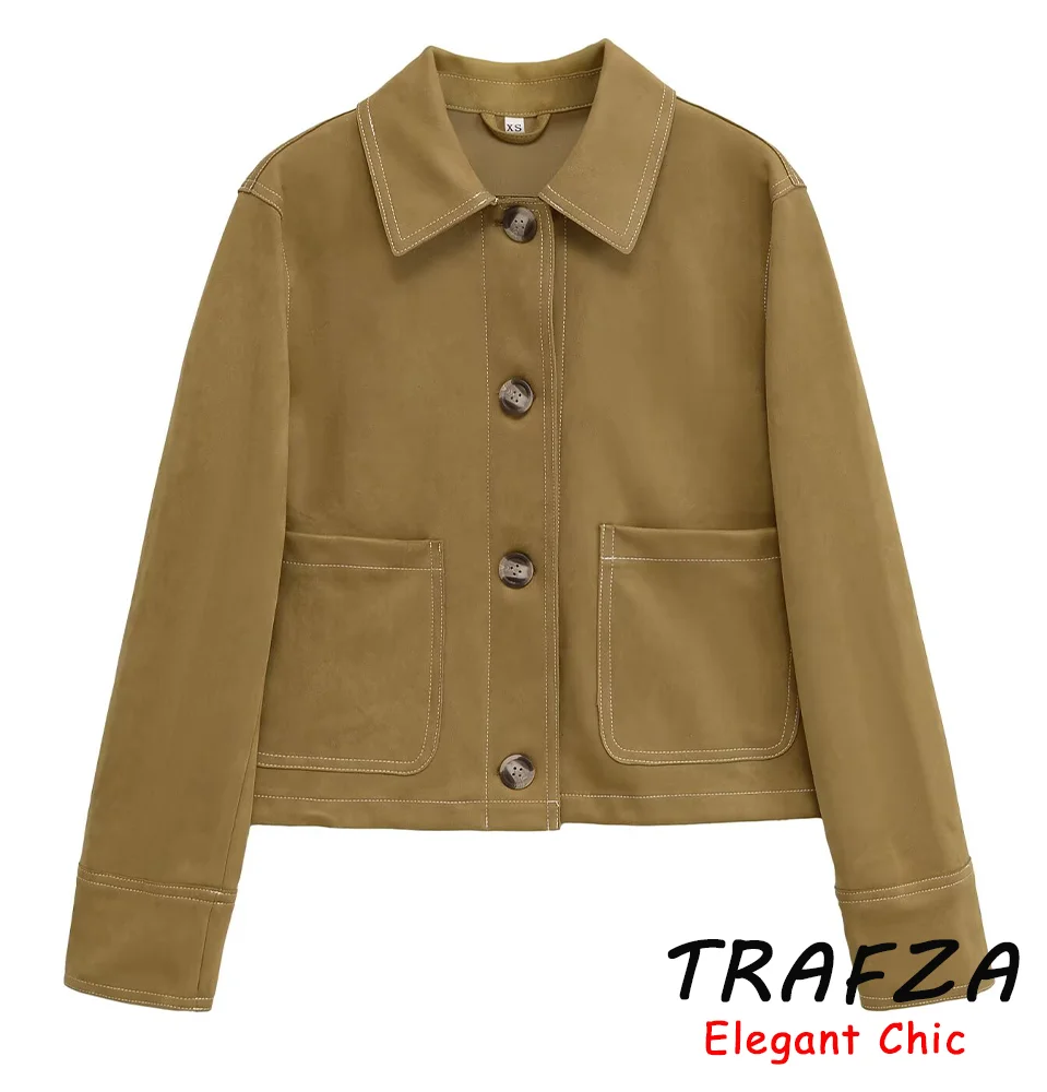 

TRAFZA Vintage Chic Buttons Jacket Women's Kangaroo Pocket Jacket 2025 Fashion Spring Fall High Street Simple Versatile Jacket