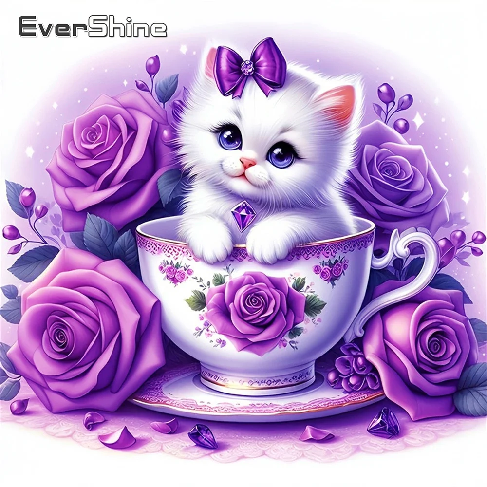 Evershine Diamantmalerei Tiermotiv Katze Bild aus Strass-Steinen Stickerei Rose Vollflächiges Mosaik Teetasse DIY Handgemachtes Hobby