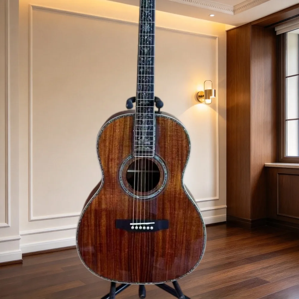 Dark Brown Vintage Finish 40-inch 6-string Koa Body 00045 Acoustic Guitar with Exquisite Ebony Fretboard and Clear Tone—Perfect for Collecting Playing Gift-Giving, or Personal Use