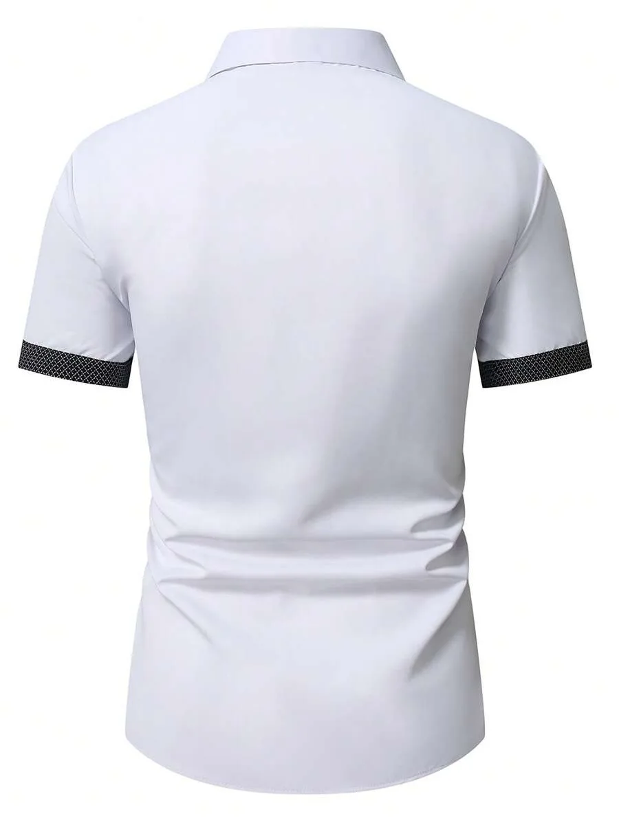 Spring Summer New Men Clothes Short Sleeve Spell Color Shirt 95% Polyester 5%Spandex