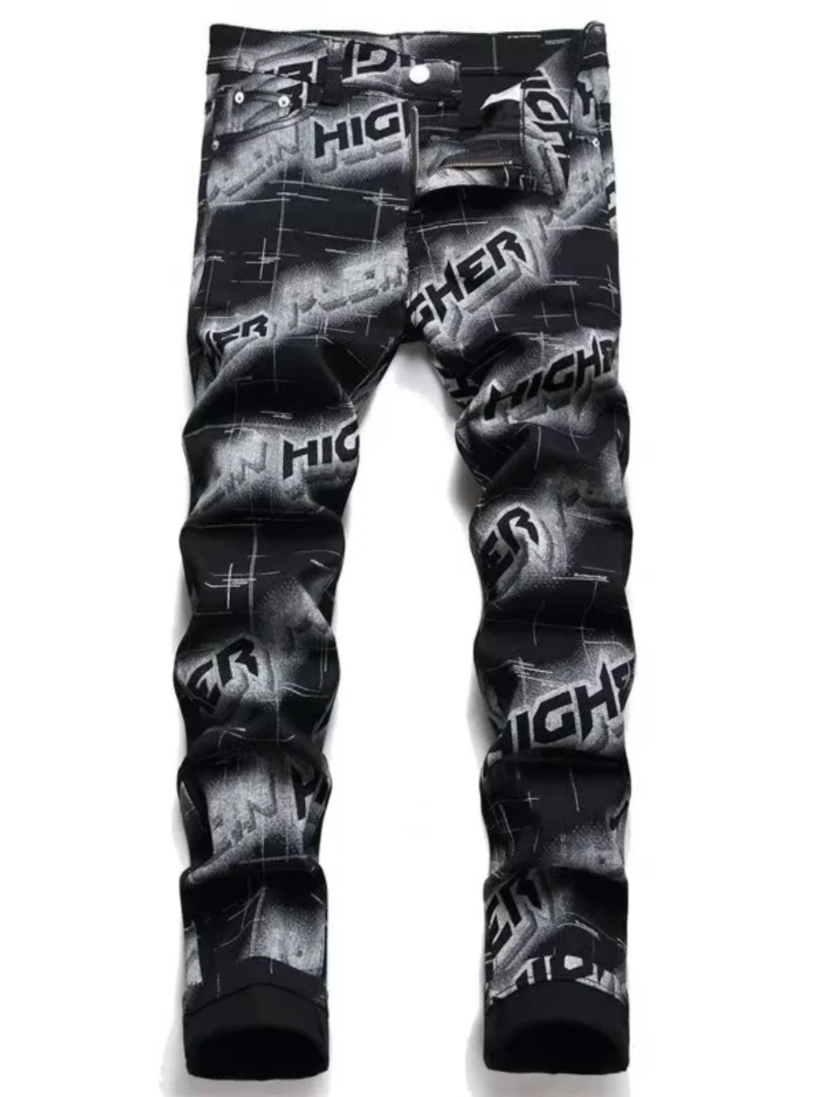 

Trendy Printed Men's Slim Fit Jeans Korean Style Casual Elastic Long Pants Youth Popular mid Waist Zipper Straight Leg Jeans